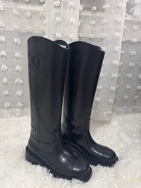CHANEL Black Leather Knee-High Logo Boots